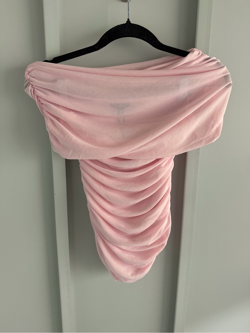 Dynamite Light Pink Sheer Overlay Off-Shoulder Ruched Top Size XS NWT